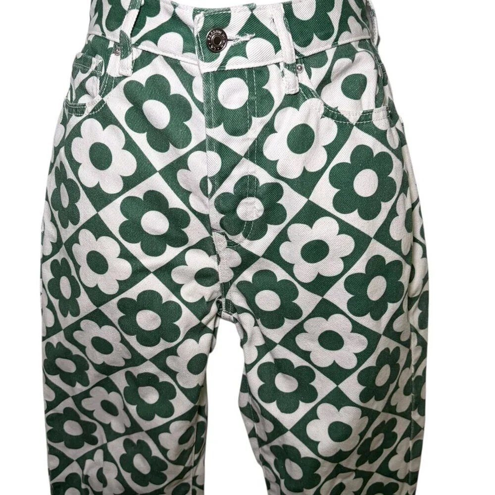 PacSun Green White Daisy High Rise Straight Leg Jeans Size 23